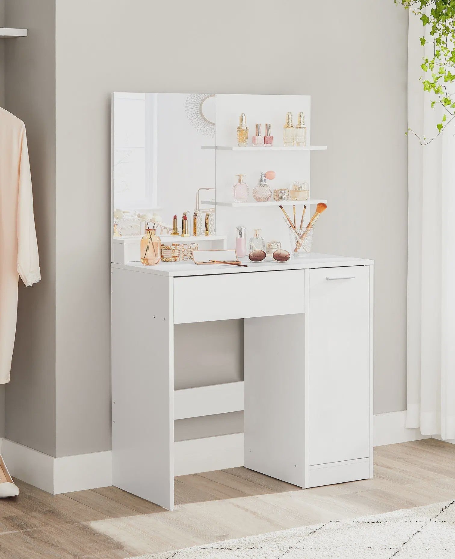 VASAGLE Kaptafel met Spiegel, Opbergvak en 2 Planken - Stijlvol Wit Design