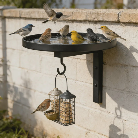 3-in-1 Vogelvoederhuisje, Vogelbad en Plantenhaak - Metalen Wandmontage
