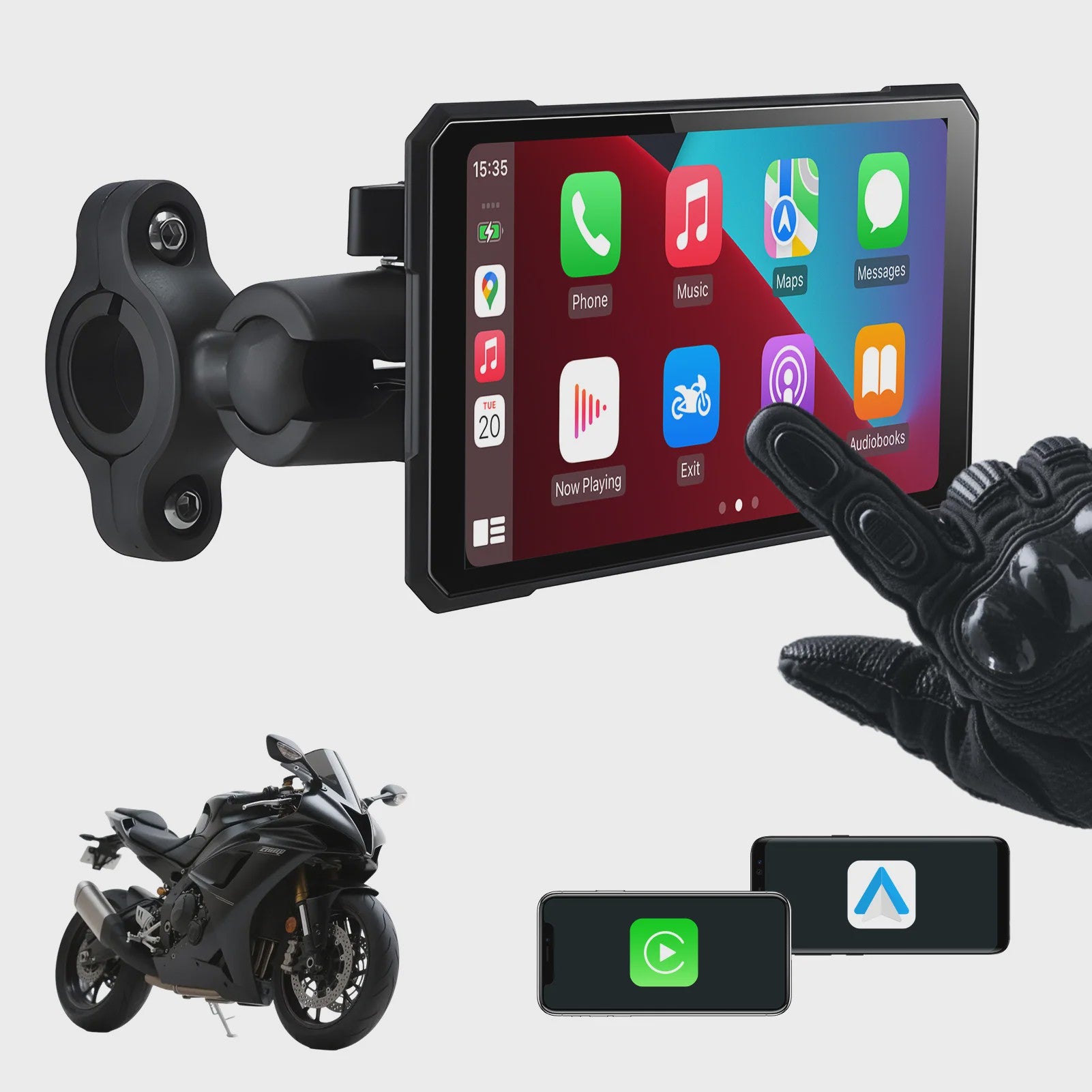 5" Motorfiets Display met Draadloze CarPlay & Android Auto, Navigatie, Siri/Google Assistant, IP67 Waterdicht