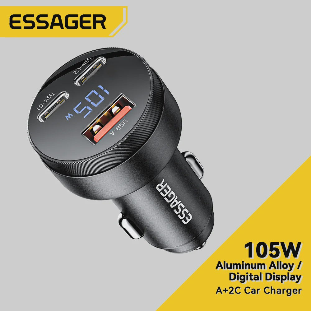 Essager 105W Auto Oplader: Snelladen met USB-C, QC4.0, PD & PPS voor iPhone, Samsung, Xiaomi