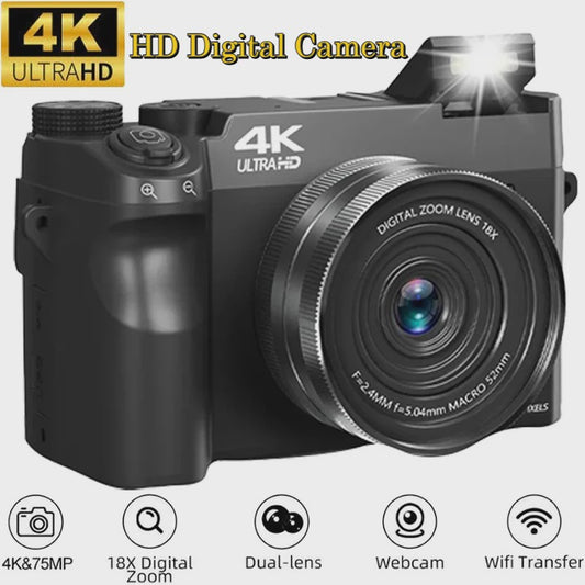 4K Digitale Camcorder met 75MP Foto, 18x Zoom, Dual Camera's & Autofocus