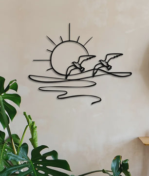Zonsopgang Meeuwen Wanddecoratie - Metaal Lijnkunst voor Kust & Strandhuis Stijl