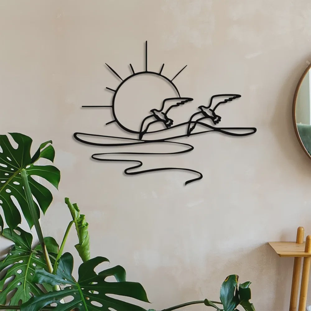 Zonsopgang Meeuwen Wanddecoratie - Metaal Lijnkunst voor Kust & Strandhuis Stijl