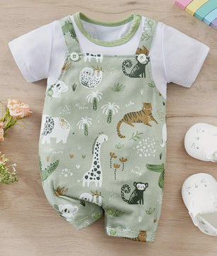 Schattige Baby Jongens Romper met Dierenprint - Faux Twee-delig met Korte Mouwen voor Pasgeborenen