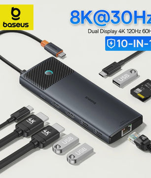 Baseus 10-in-1 USB-C Hub: 8K/4K Dual HDMI, 10Gbps, RJ45, PD 100W - Uitbreidingsstation voor MacBook & Laptop