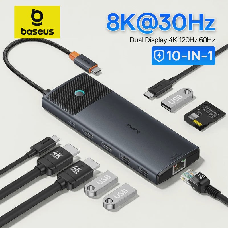 Baseus 10-in-1 USB-C Hub: 8K/4K Dual HDMI, 10Gbps, RJ45, PD 100W - Uitbreidingsstation voor MacBook & Laptop