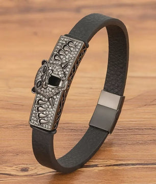 Heren Lederen Armband met Leopard Hoofd & Kristallen - Vintage Punk Rock Stijl