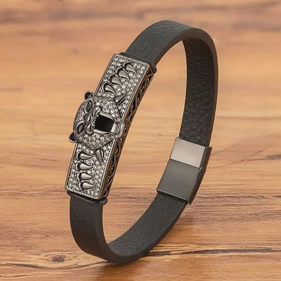 Heren Lederen Armband met Leopard Hoofd & Kristallen - Vintage Punk Rock Stijl