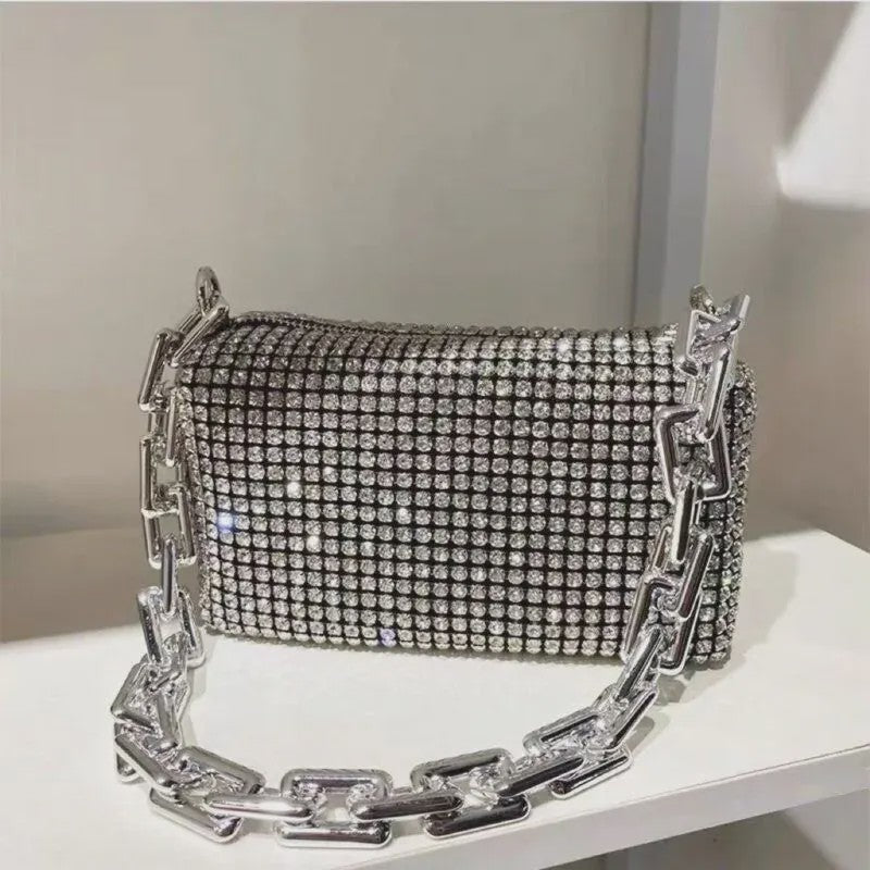 Glamoureuze Strass Bucket Bag met Glitter Ketting - Mini Crossbody Tasje