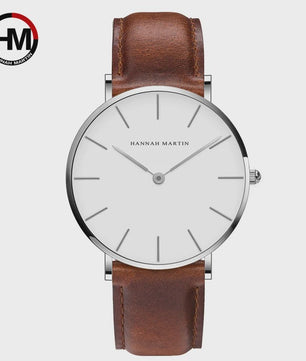 Hannah Martin Herenhorloge - Stijlvol Zilver & Bruin Leer, Waterdicht Quartz Dress Watch