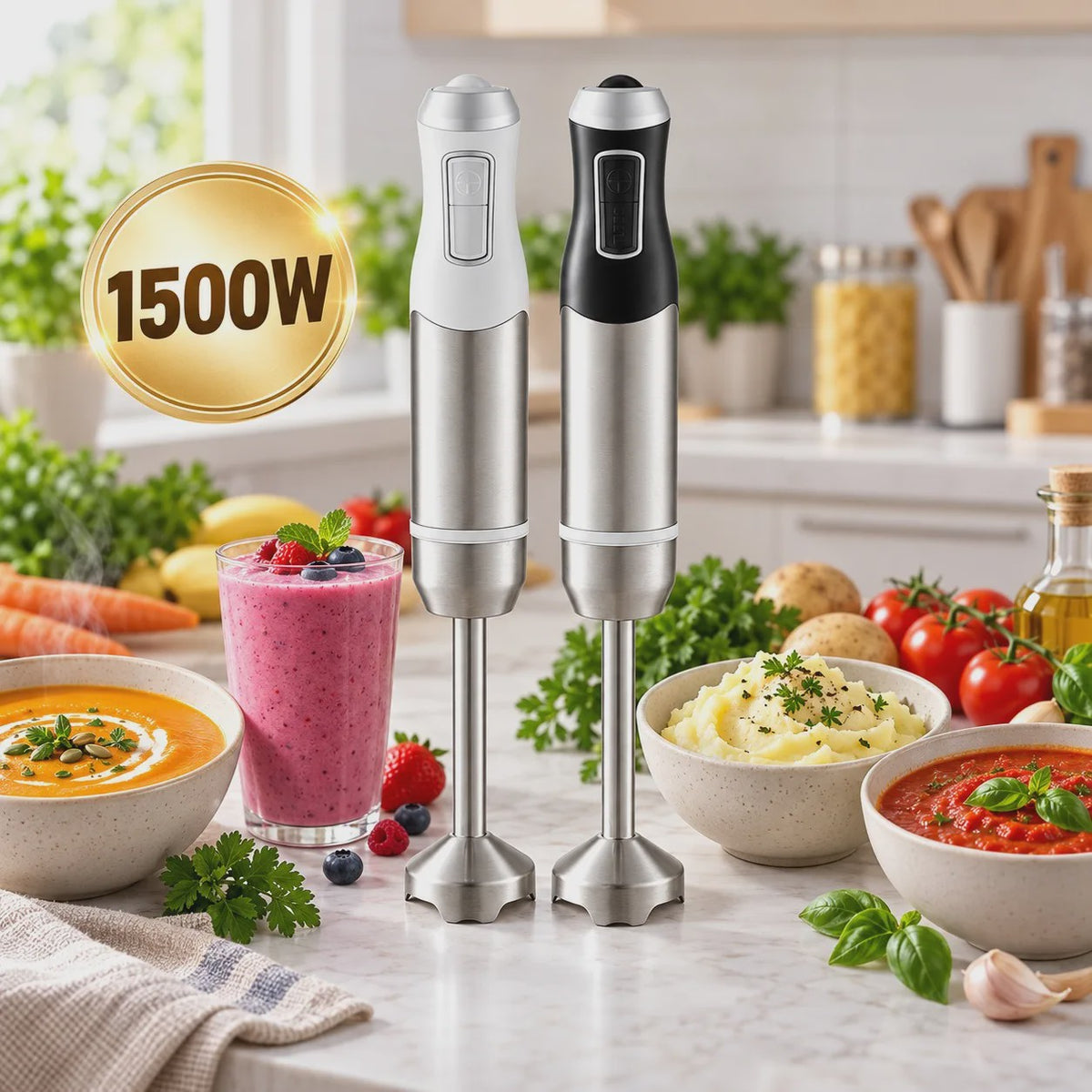 Krachtige 1500W Staafmixer met Turbo, RVS Bladen & Afneembare Arm - Ideaal voor Smoothies, Soepen en Sauzen