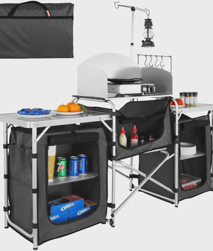 Opvouwbare Camping Keukentafel met Opbergkastjes en Windscherm - Aluminium