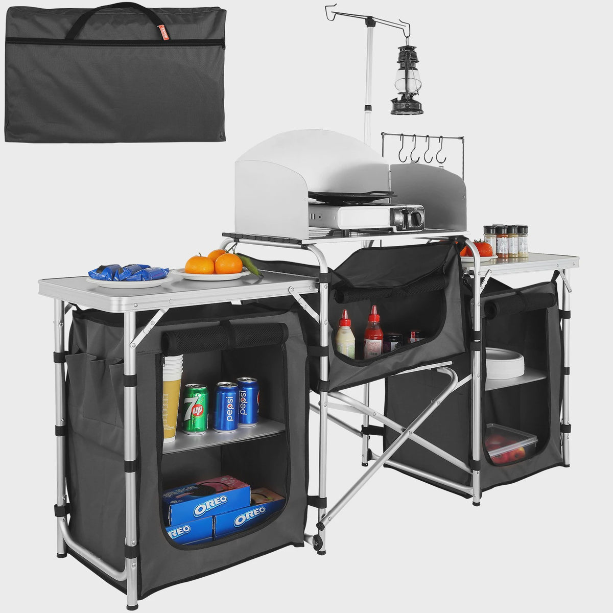 Opvouwbare Camping Keukentafel met Opbergkastjes en Windscherm - Aluminium