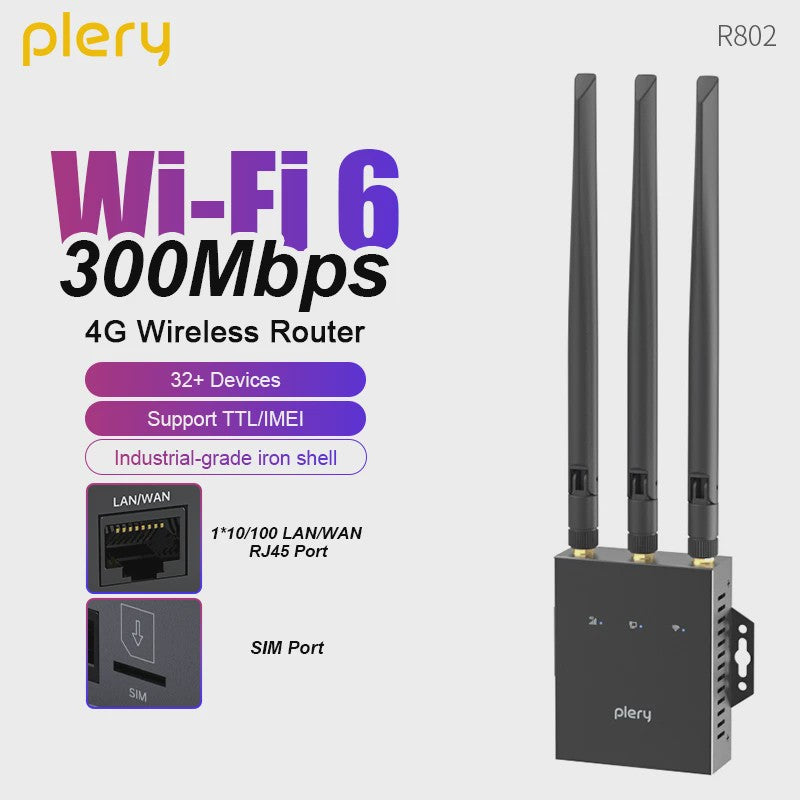 PLERY CAT4 4G LTE WiFi Router met WiFi6, 300Mbps en SIM-kaart ondersteuning voor 32+ apparaten