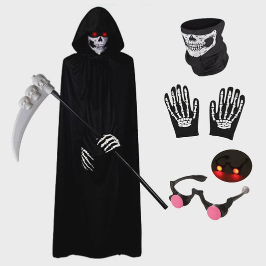 Griezelige Grim Reaper Kostuum voor Kinderen met Gloeiende Rode Ogen, Handschoenen en Zeis