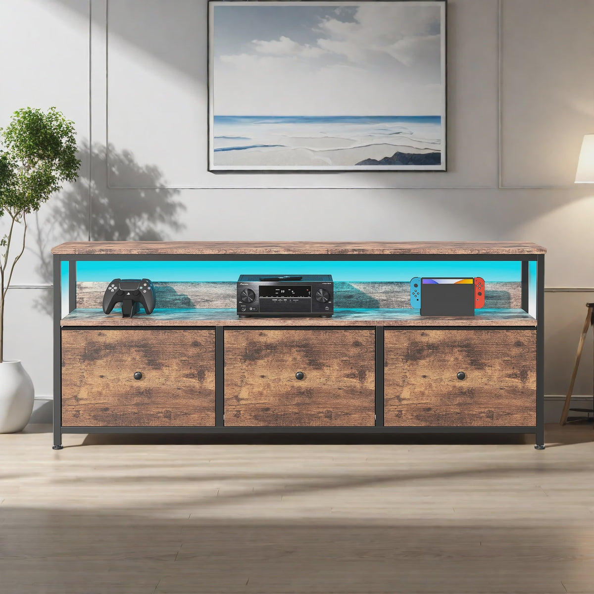 Vintage TV Meubel met LED Verlichting en 3 Stoffen Lades - Industrieel Design