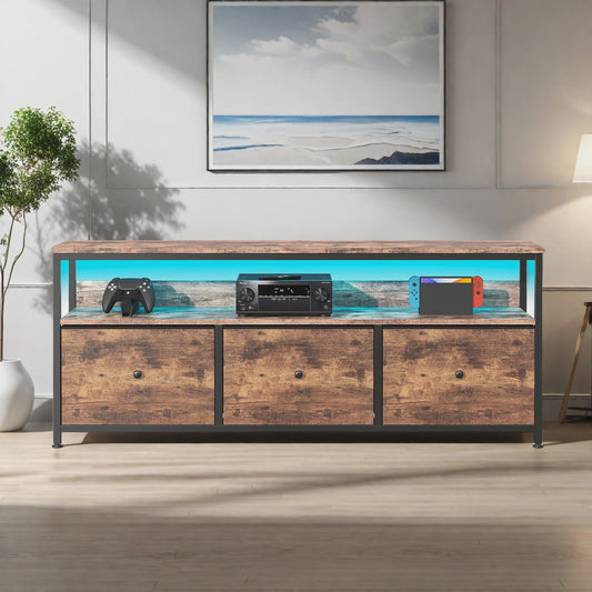 Vintage TV Meubel met LED Verlichting en 3 Stoffen Lades - Industrieel Design