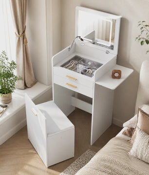 WOLTU Kaptafel met LED Spiegel, Verrijdbare Opbergkruk & Glazen Blad - 3-in-1 Make-up Tafel
