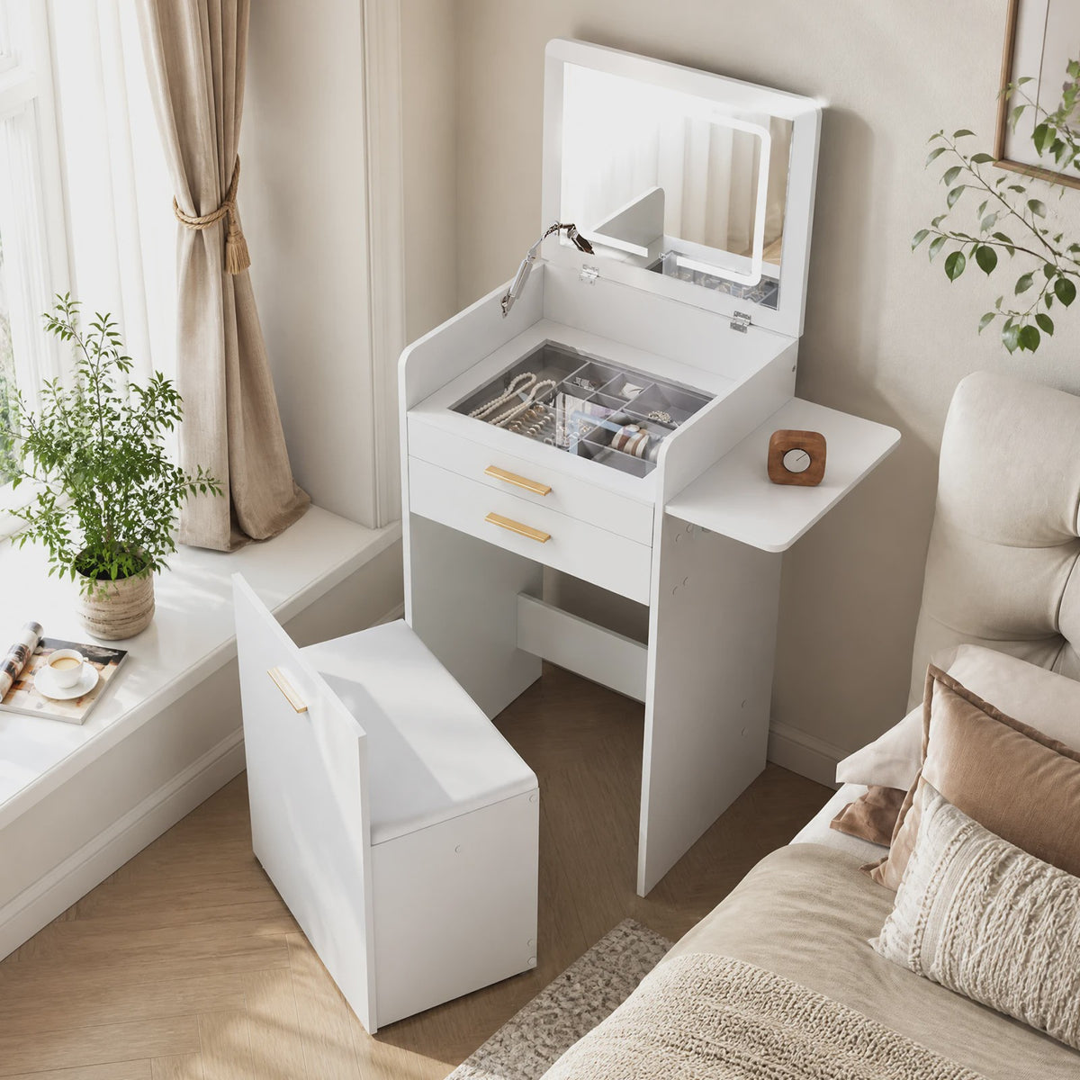 WOLTU Kaptafel met LED Spiegel, Verrijdbare Opbergkruk & Glazen Blad - 3-in-1 Make-up Tafel
