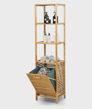 Bamboe Badkamerrek met Wasmand - 2-in-1 Hoge Kast met 3 Planken