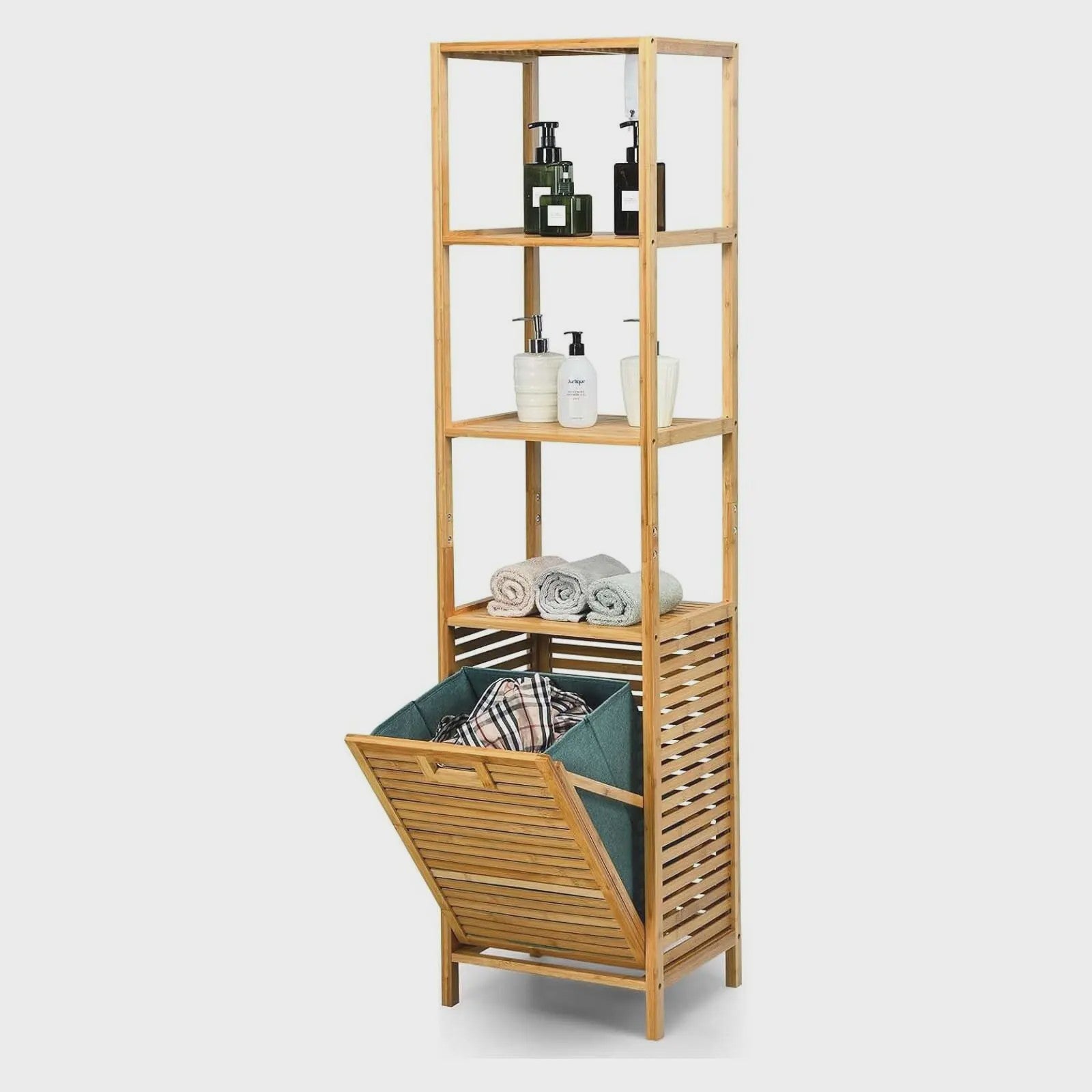 Bamboe Badkamerrek met Wasmand - 2-in-1 Hoge Kast met 3 Planken