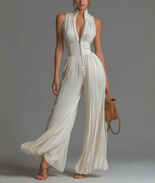 Elegante Dames Jumpsuit met Plooien, Wijde Pijpen en Opstaande Kraag - Zomerse Mouwloze Stijl