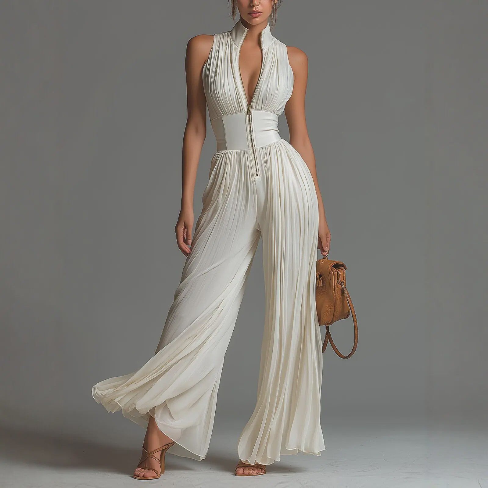 Elegante Dames Jumpsuit met Plooien, Wijde Pijpen en Opstaande Kraag - Zomerse Mouwloze Stijl