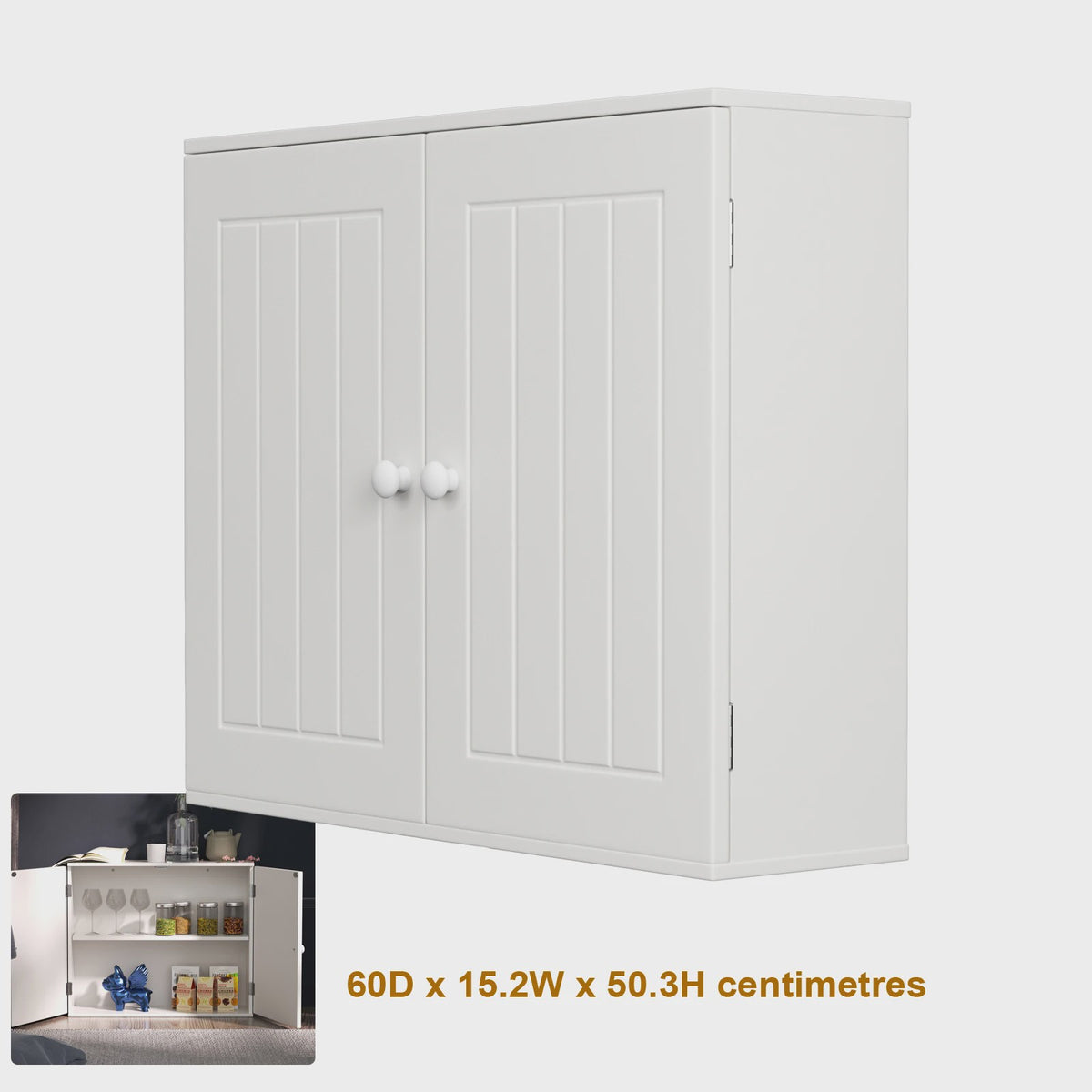 Houten Wandkast Badkamer met Dubbele Deuren - Wit - Ophangbaar & Vrijstaand - 60x50.3x15.2cm