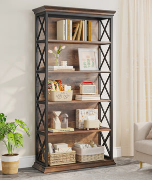 Industriële 6-Tier Boekenkast - 180 cm Hoge Open Opbergkast met 5 Planken