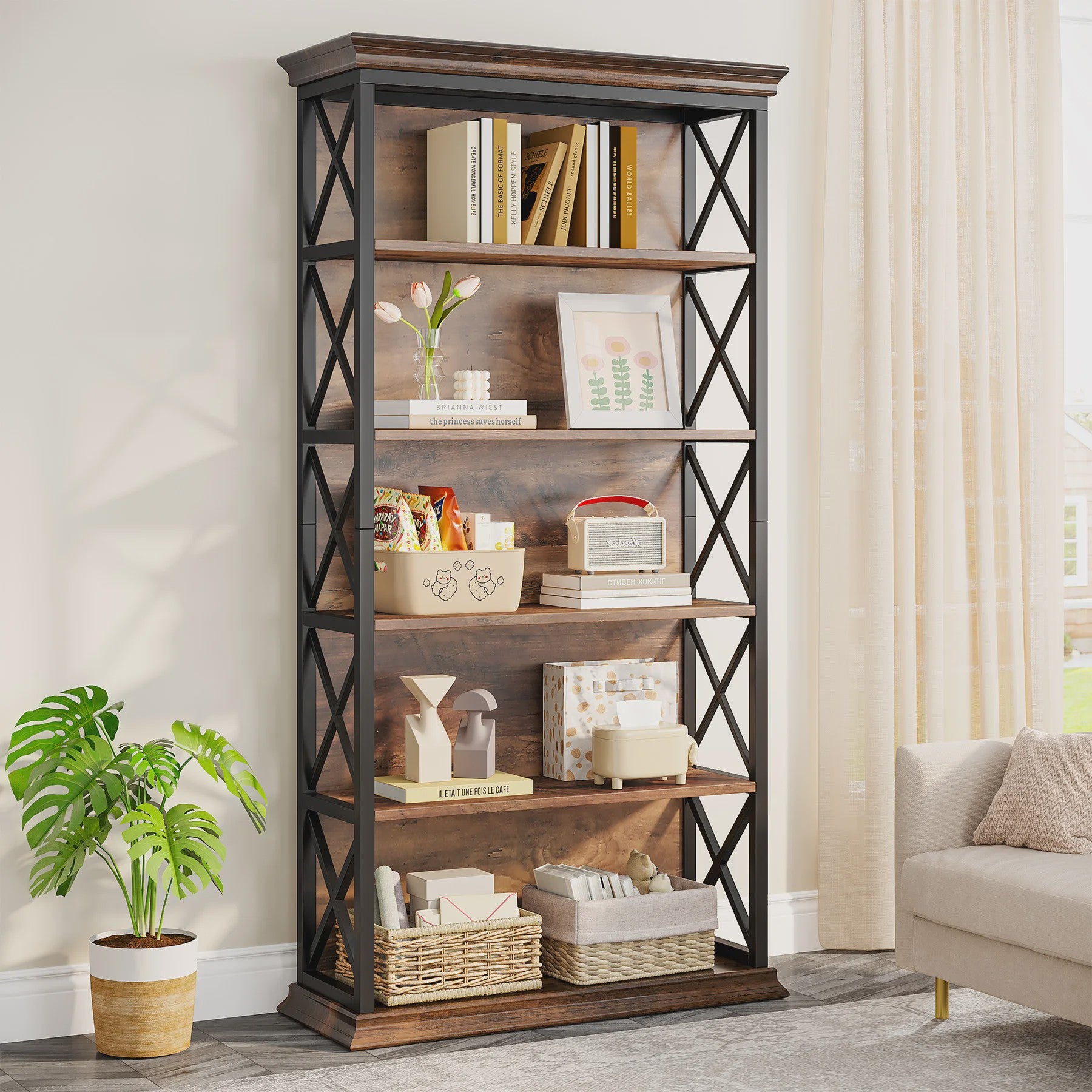 Industriële 6-Tier Boekenkast - 180 cm Hoge Open Opbergkast met 5 Planken