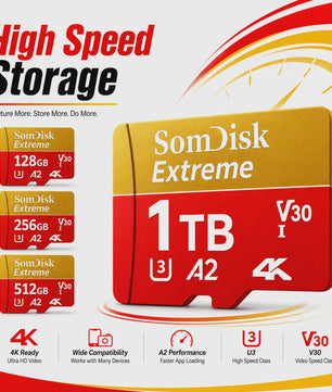 Snelle Micro SDXC Kaart 128GB/256GB/512GB/1TB/2TB - Class 10, U3, A2, 4K Video Ready