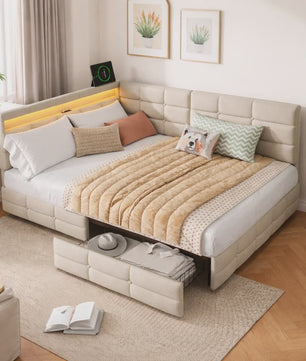 L-vormig Gestoffeerd Bed met USB, LED en Opbergruimte - Beige/Grijs