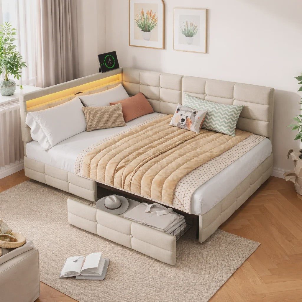 L-vormig Gestoffeerd Bed met USB, LED en Opbergruimte - Beige/Grijs