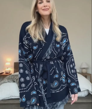 Gebreide Dames Cardigan met Patchwork Print, V-hals en Franjes - Stijlvolle Herfstjas