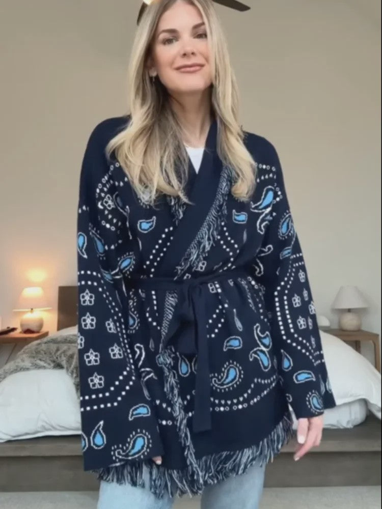 Gebreide Dames Cardigan met Patchwork Print, V-hals en Franjes - Stijlvolle Herfstjas