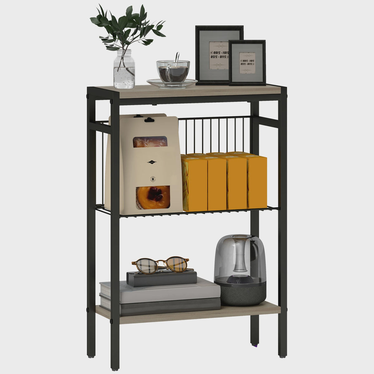 Homcom Smalle Bijzettafel met 3 Open Planken en Stalen Frame - Industrieel Design