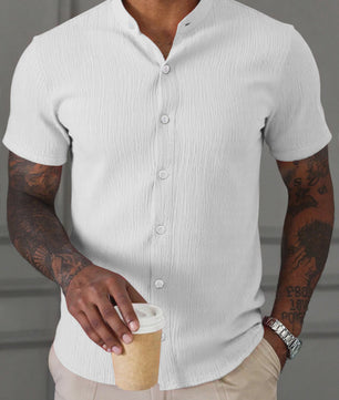 Herenshirt met Textuur en Opstaande Kraag - Korte Mouwen, Ademend & Kreukvrij
