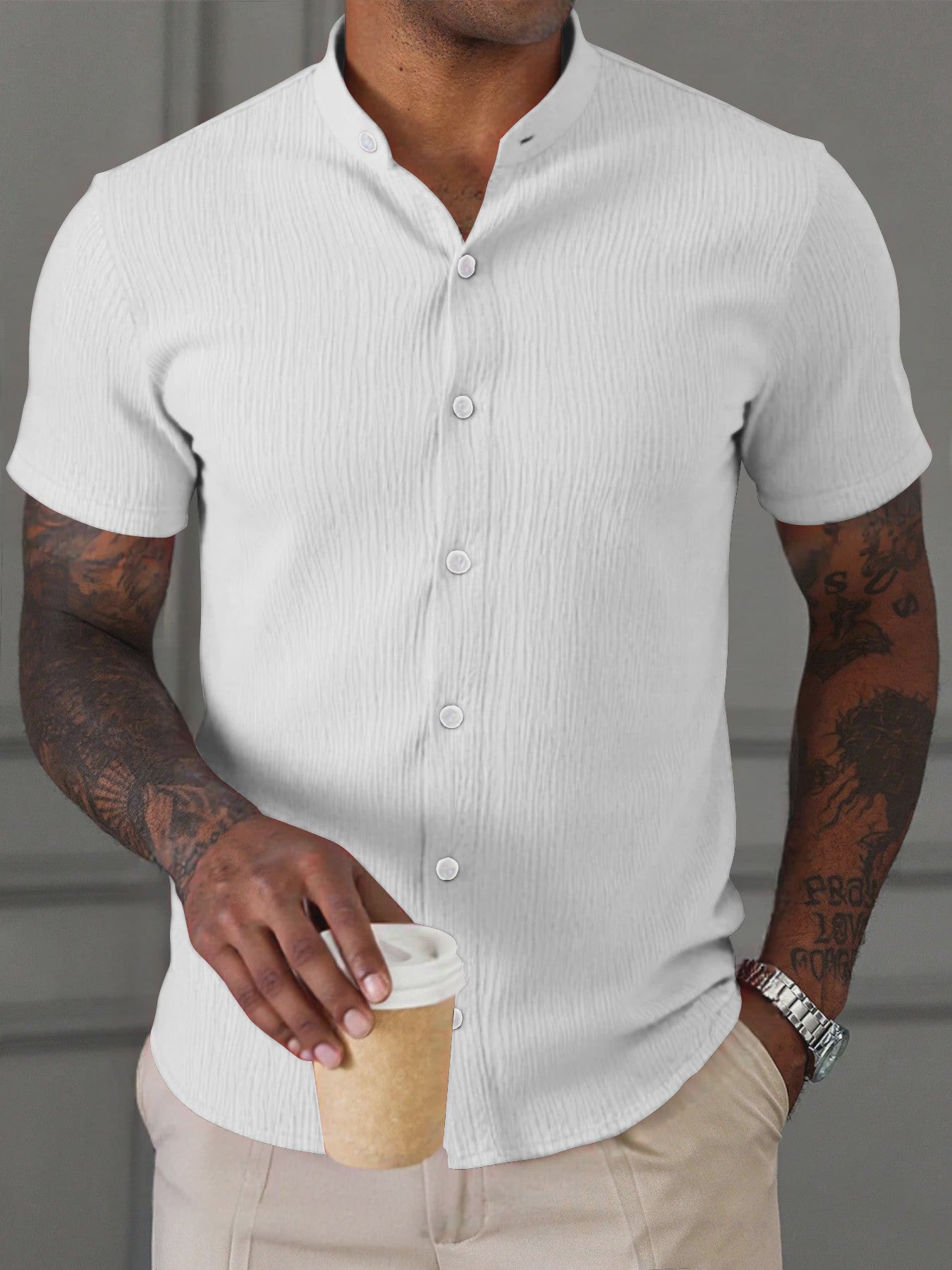 Herenshirt met Textuur en Opstaande Kraag - Korte Mouwen, Ademend & Kreukvrij