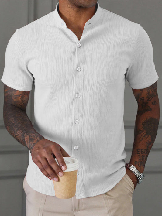 Herenshirt met Textuur en Opstaande Kraag - Korte Mouwen, Ademend & Kreukvrij