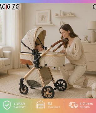 Magic ZC Premium 3-in-1 Baby Reiswieg & Kinderwagen Set - Luxe Beige, Compact, Inclusief Autostoel & Draagmand, Geschikt Vanaf Geboorte