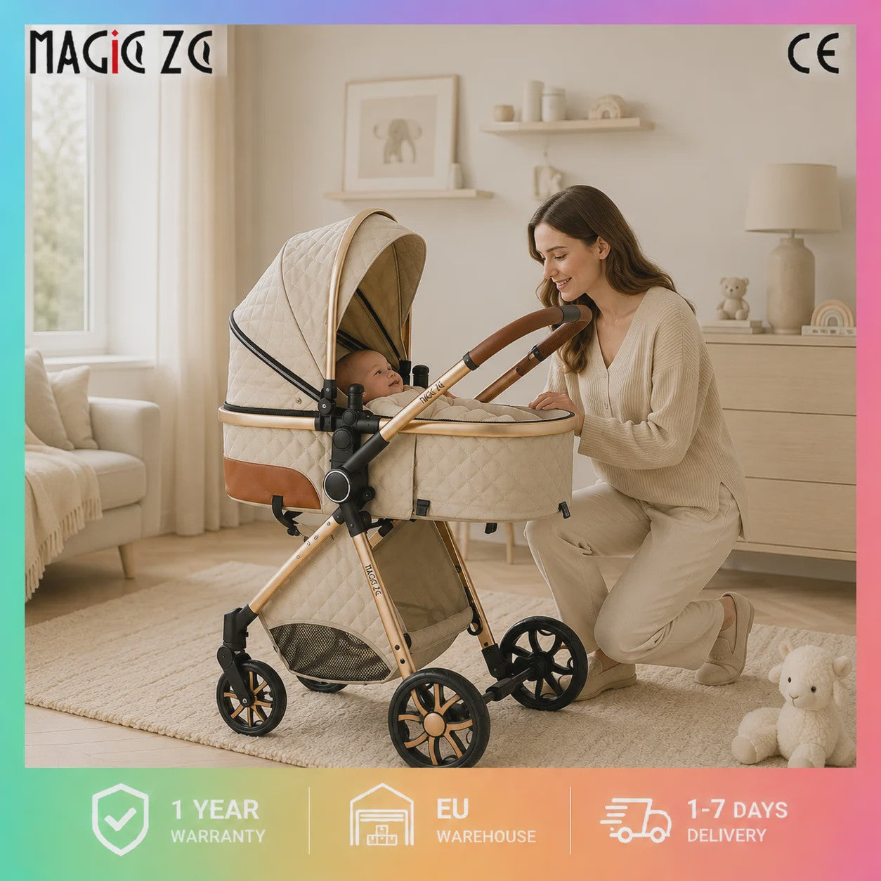 Magic ZC Premium 3-in-1 Baby Reiswieg & Kinderwagen Set - Luxe Beige, Compact, Inclusief Autostoel & Draagmand, Geschikt Vanaf Geboorte
