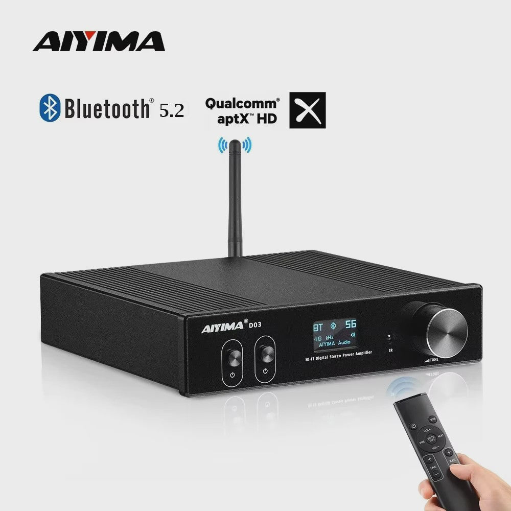 AIYIMA D03 Bluetooth 5.2 Versterker 2x150W RMS met Subwoofer Uitgang, USB DAC & OLED Display