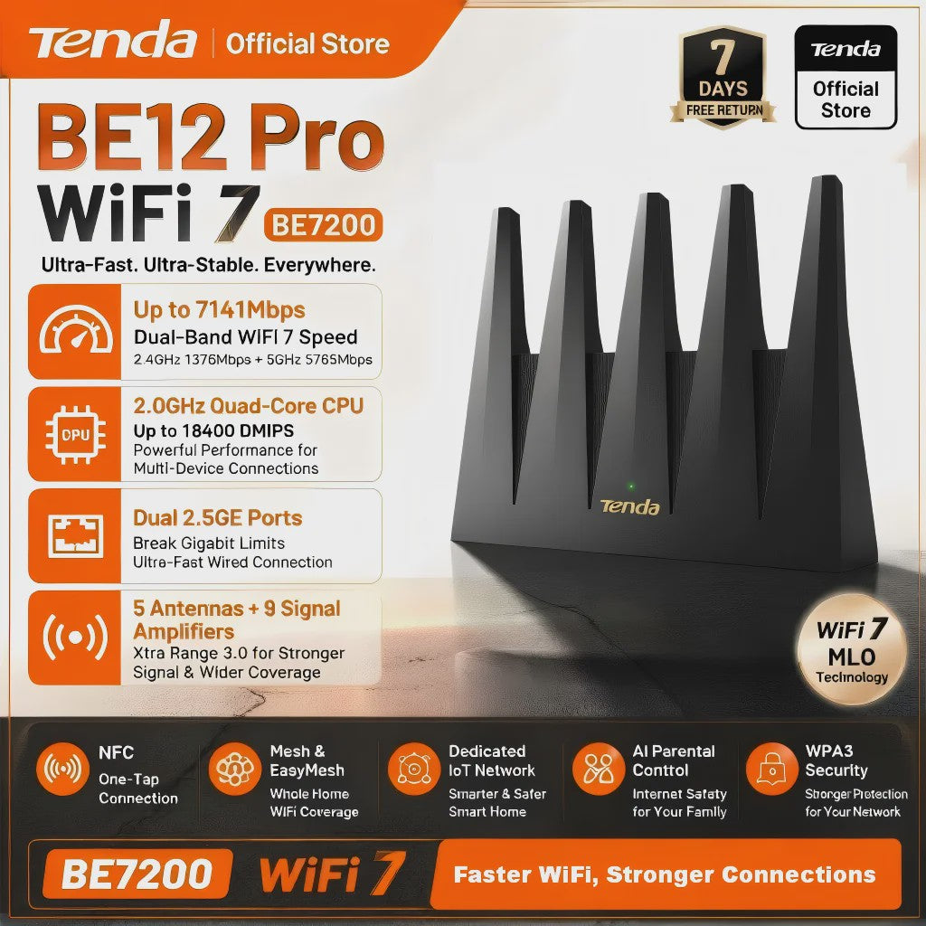 Tenda BE12 Pro WiFi 7 Router: BE7200 Snelheid, Dual 2.5G Poorten & Mesh