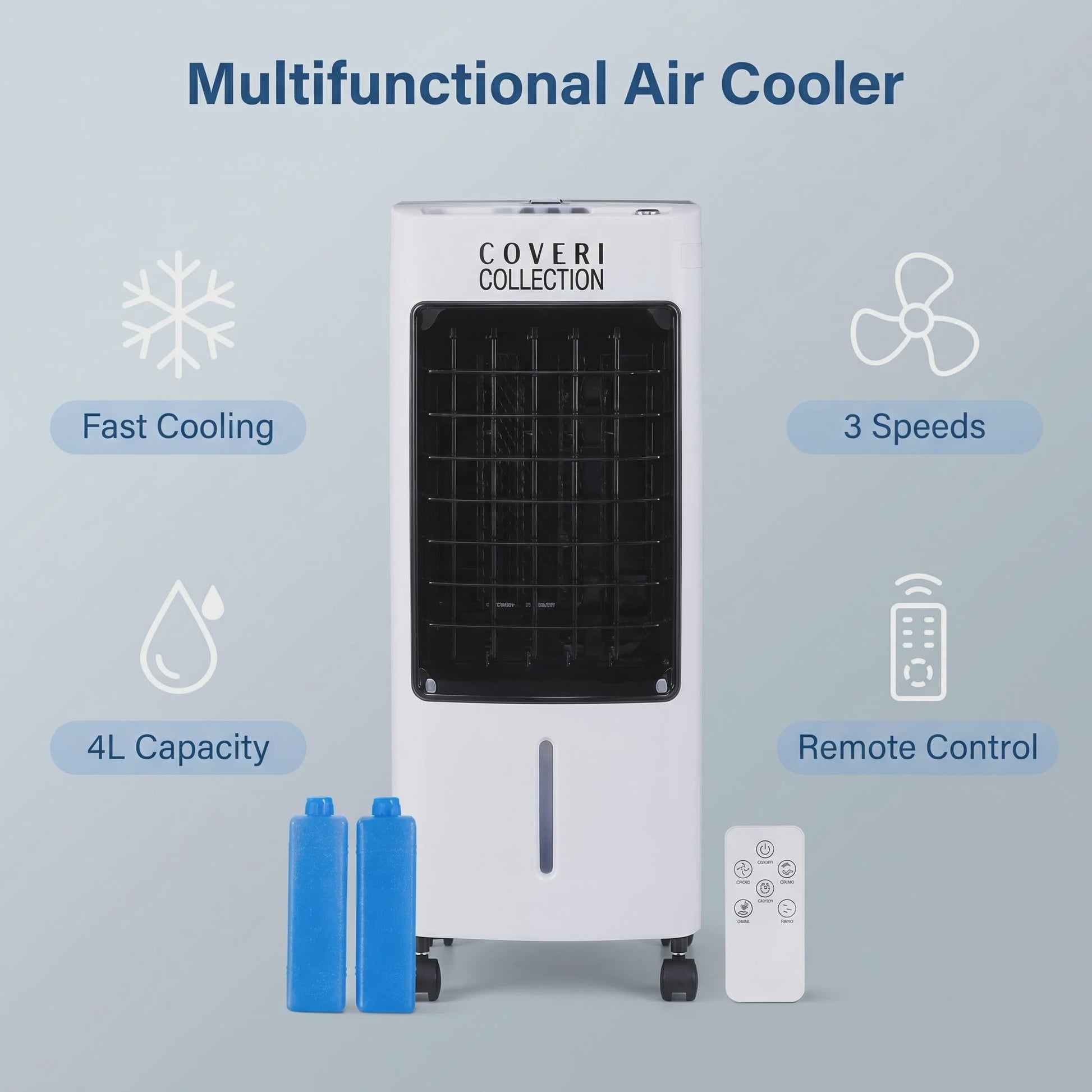 Draagbare Water Air Cooler met 4L Tank, 65W, 3 Snelheden & Afstandsbediening