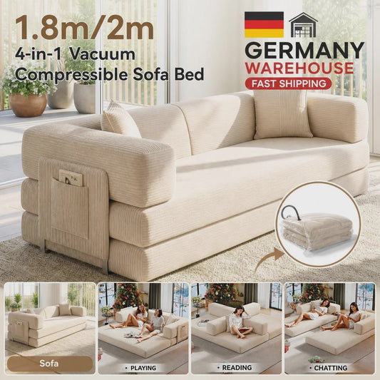 1.8m/2m 32d Sponge Vacuum Compressible Bed Corduroy 2-In-1 Small Apartment Floor Sofa Bed Couch For Living Room/Bedroom/Office Home Furniture Soft Loveseat
