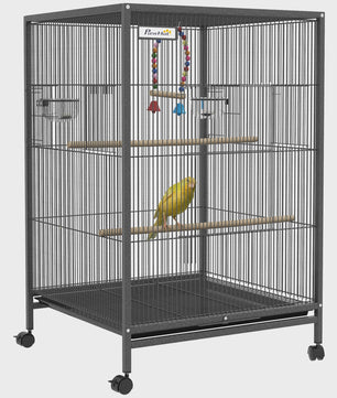 PawHut Vogelkooi op wielen met schommel, zitstokken en lade - Zwart Staal, 48x46x78 cm