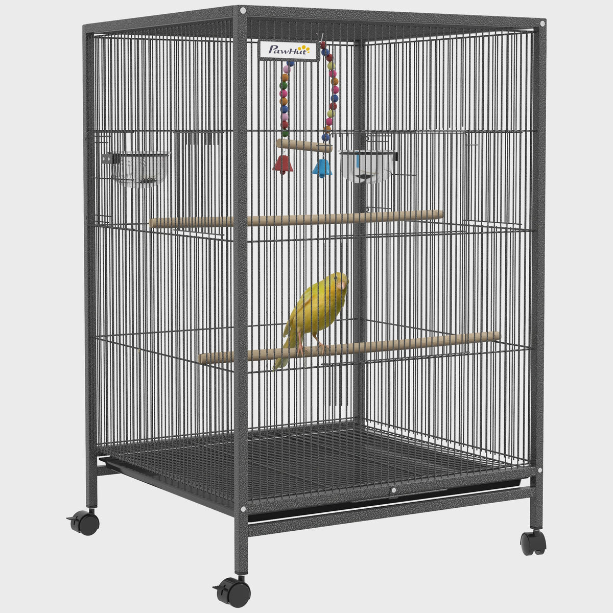 PawHut Vogelkooi op wielen met schommel, zitstokken en lade - Zwart Staal, 48x46x78 cm