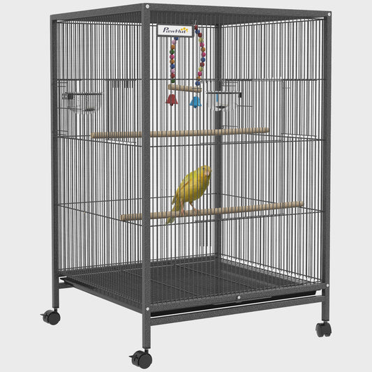 PawHut Vogelkooi op wielen met schommel, zitstokken en lade - Zwart Staal, 48x46x78 cm