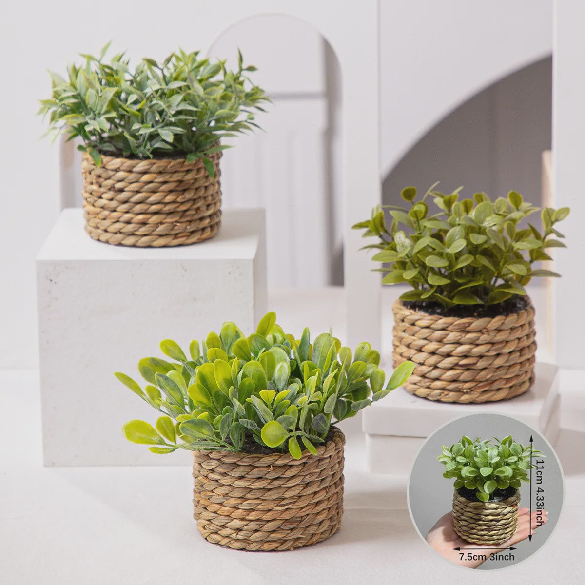Kunstplant Eucalyptus Gras in Geweven Pot - Groen, 11cm