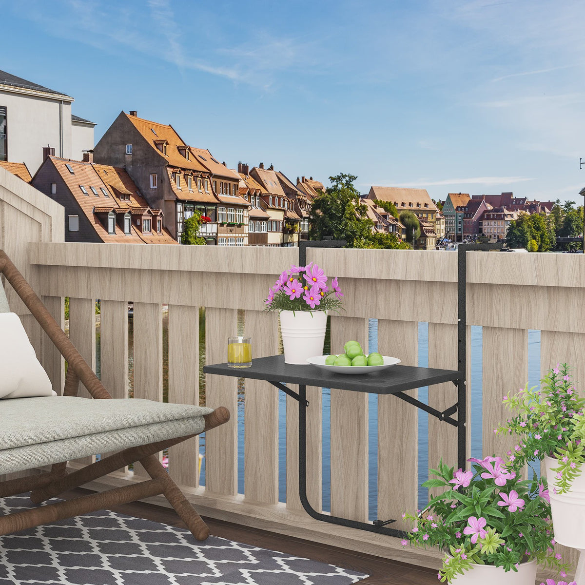 Opklapbare Balkontafel - Hangend, Verstelbaar in Hoogte, Rotan Look - Ideaal voor Buiten